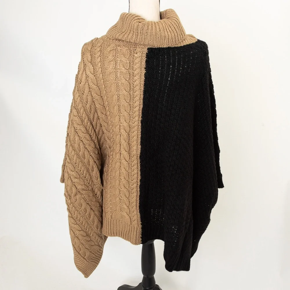 Cable knit sweater poncho black & camel XL/1X Brittany Humble